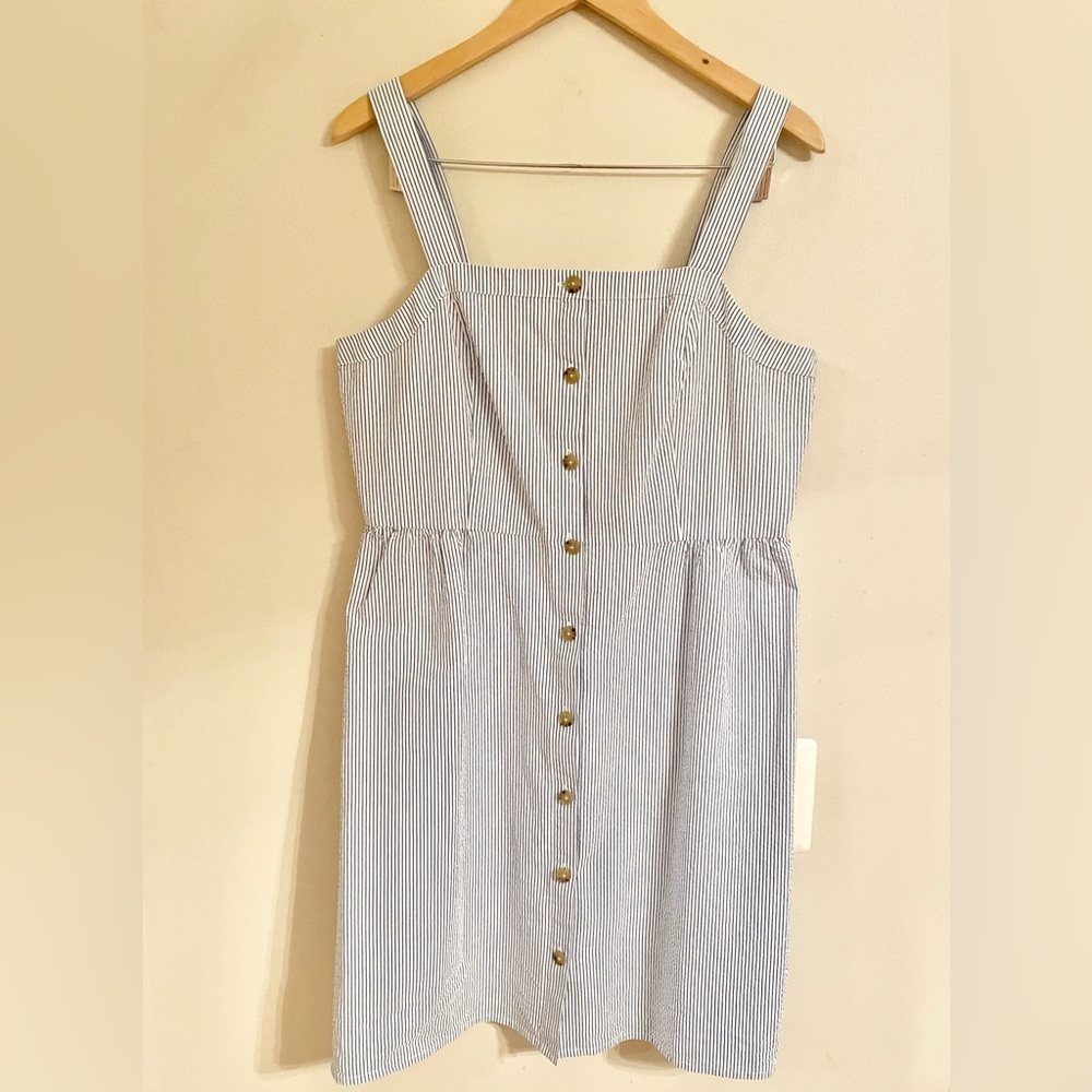 J. Crew Dress Midi Button Up Sleeveless Stripe Seersucker Blue White Sz 12- EUC - Picture 4 of 14